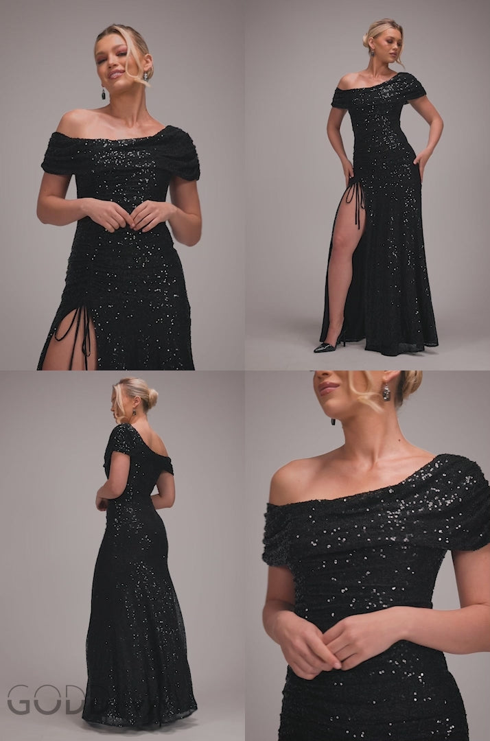 Off The Shoulder Sequin Cowl Drawstring Maxi Dress - Black DR4824