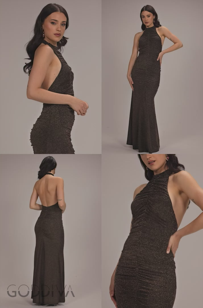 Halter Neck Front Gathered Backless Glitter Maxi Dress - Gold DR5230