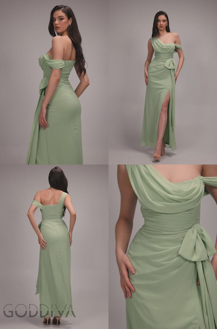 One Shoulder Cowl With Bow Detail Maxi Dress - Sage Green DR4606
