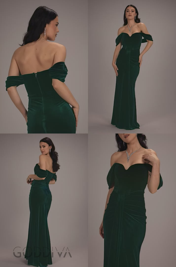 Off Shoulder Bardot Draped Velvet Maxi Dress - Emerald Green DR5194