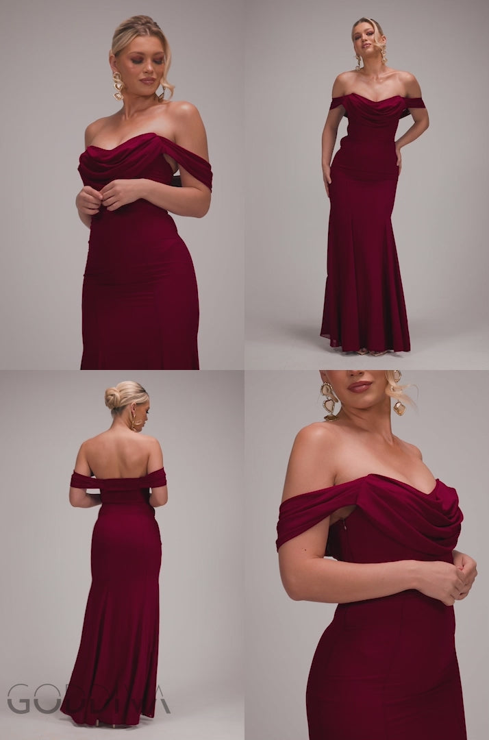 Chiffon Bardot Cowl Neck Maxi Dress - Burgundy Red DR2781A