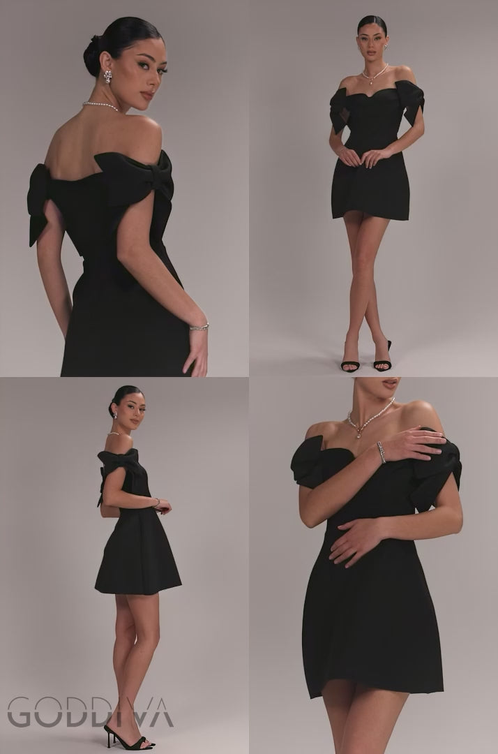 Bardot Plunge Neck Bow Sleeve Skater Mini Dress - Black DR5125