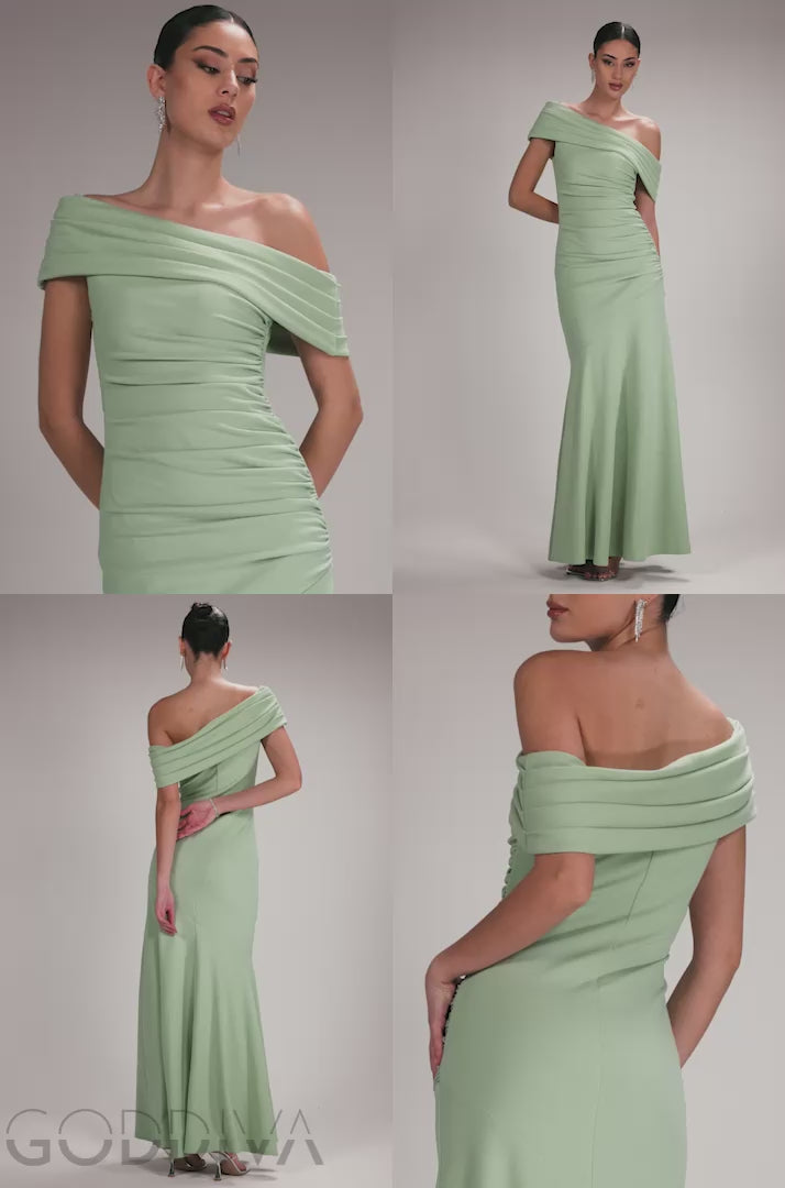 Pleated One Shoulder Bardot Fit And Flare Maxi Dress - Sage Green