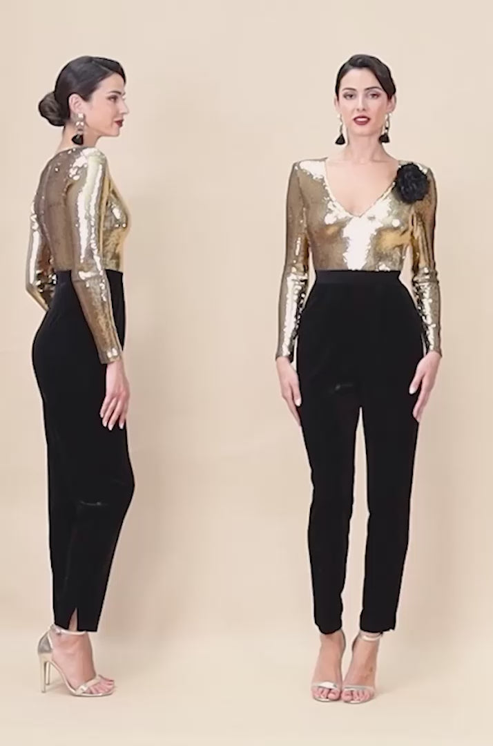 Liquid Sequin Jumpsuit With Corsage - Gold TR380