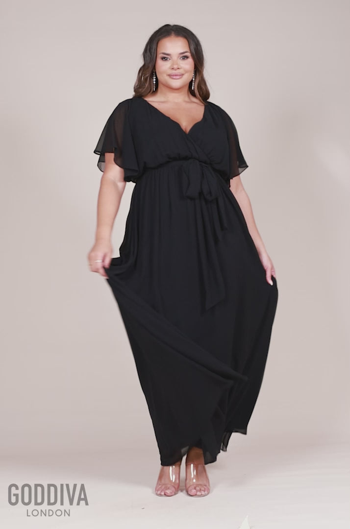 Flutter Sleeve Wrap Maxi Dress - Black DR2486P