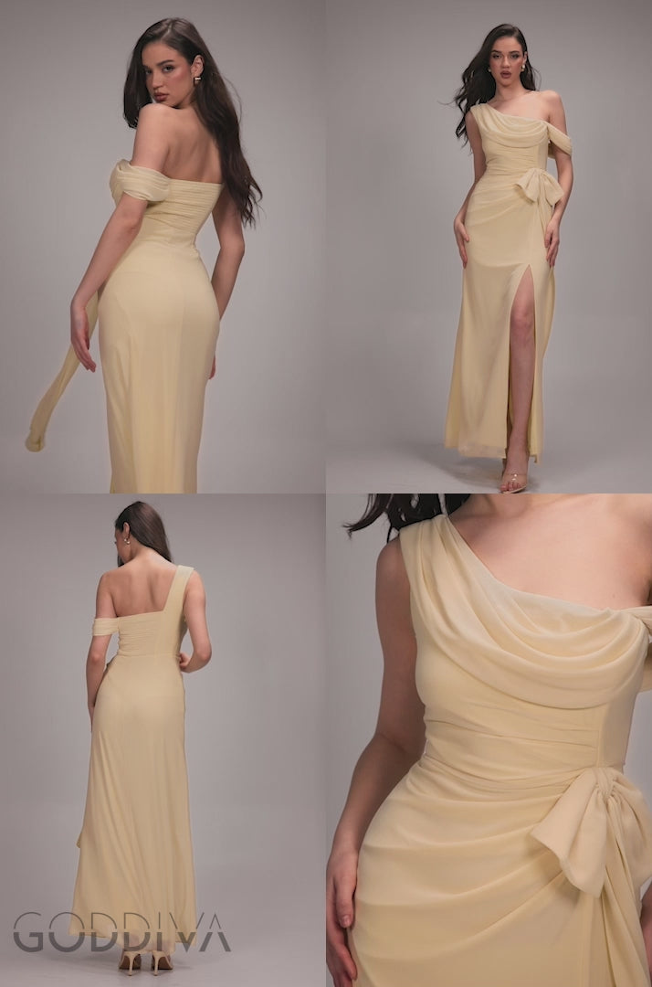 One Shoulder Cowl With Bow Detail Maxi Dress - Butter Yellow DR4606