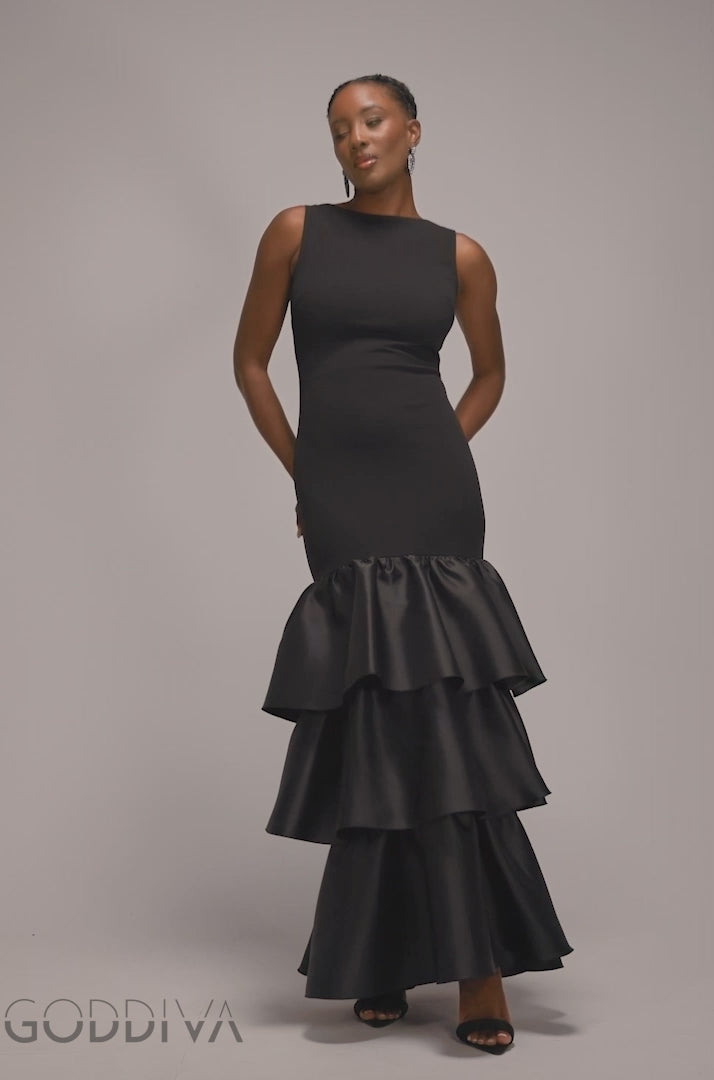 Boat Neck Satin & Scuba Crepe Tiered Maxi Dress - Black DR4682