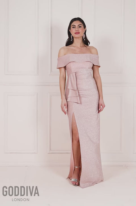 Goddiva Lurex Bardot Maxi With Waterfall Ruffle - Blush