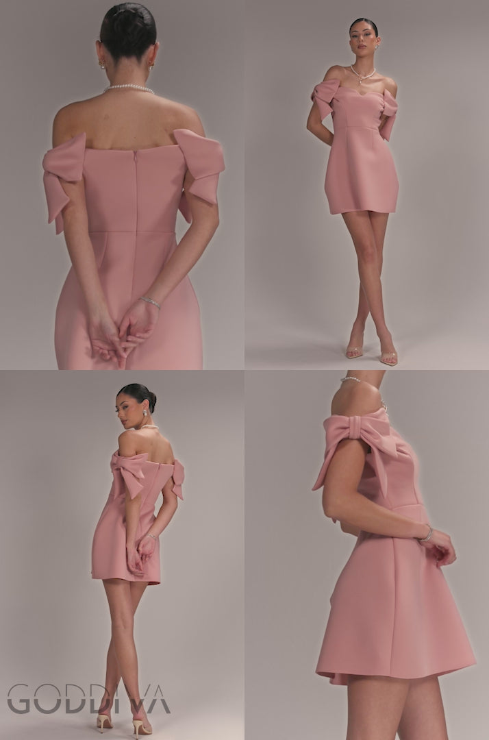 Bardot Plunge Neck Bow Sleeve Skater Mini Dress - Blush Pink DR5125