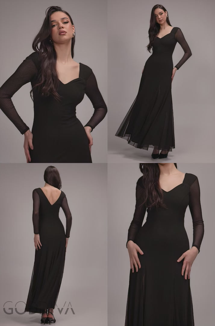 Dobby Mesh Insert Long Sleeve A-Line Maxi Dress - Black DR4897