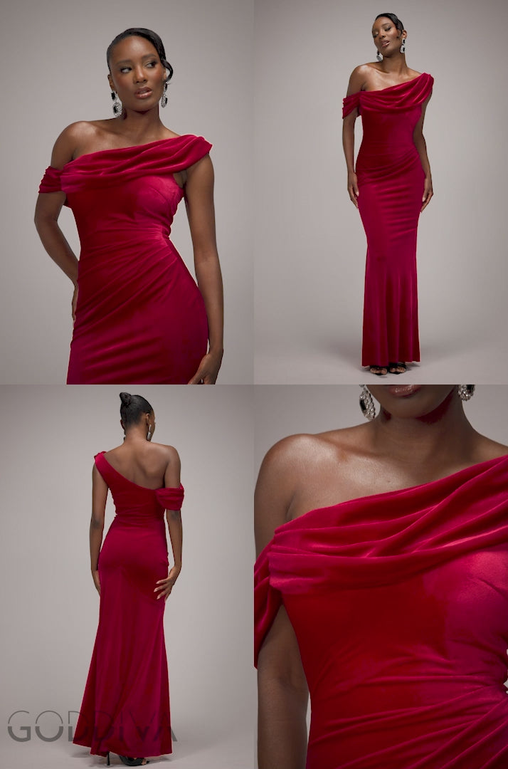 Cowl One Shoulder Velvet Maxi Dress - Red DR4504