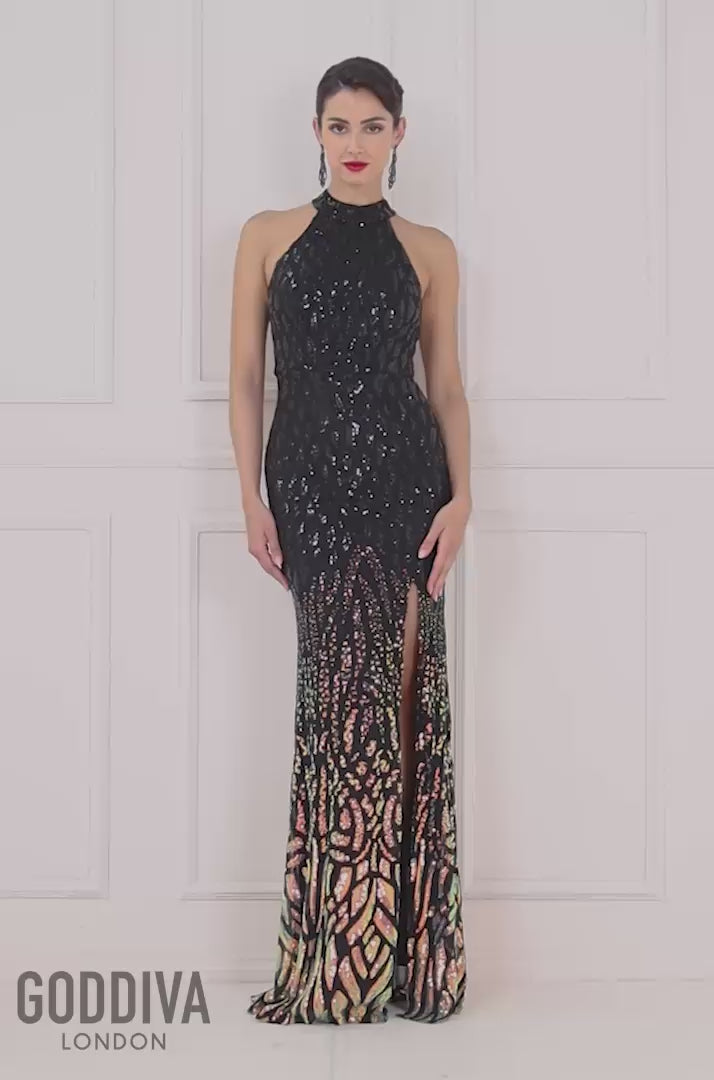 Ombre Sequin Halter Maxi With Thigh Split - Black DR3498