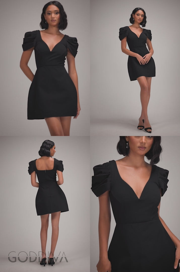 Plunging Neck Pleated Sleeve Scuba Mini Dress - Black DR4798