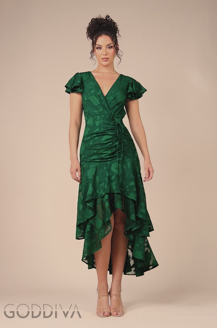 Jacquard Chiffon Wrap High Low Midaxi Dress - Emerald Green DR4552