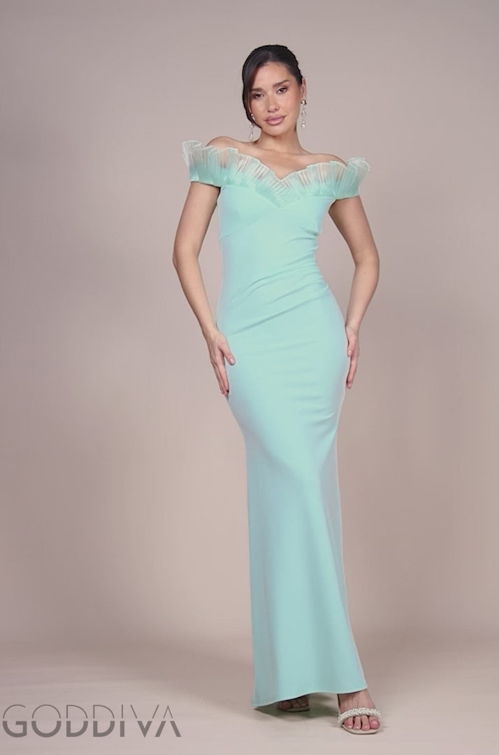 Fan Pleated Bardot Scuba Crepe Maxi Dress - Mint Green DR4070