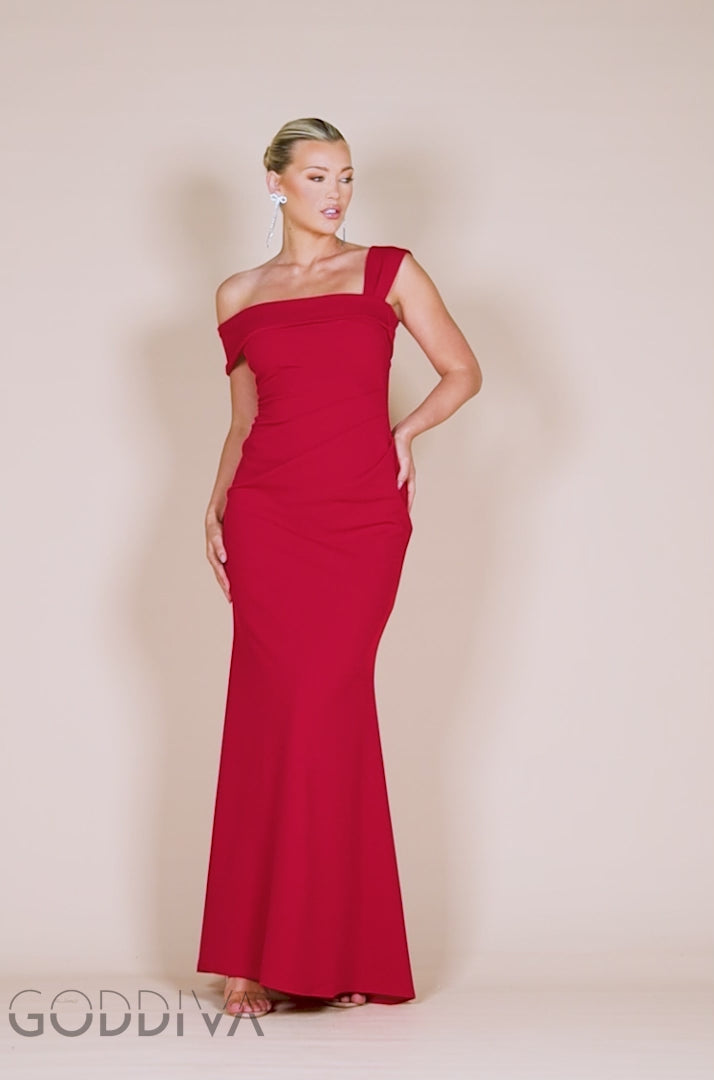 Off The Shoulder Pleated Waist Maxi Dress - Red DR2594