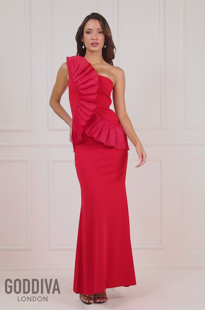One Shoulder Pleated Fan Maxi - Red DR4075