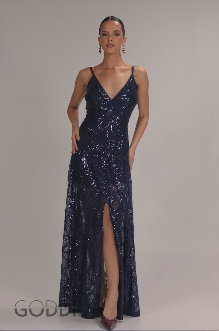Ornamental Patterned Iridescent Sequin Maxi With Front Split - Navy Blue DR3986