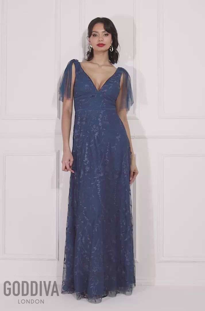 Embroidered Lace Maxi Flutter Sleeves - Navy DR3255