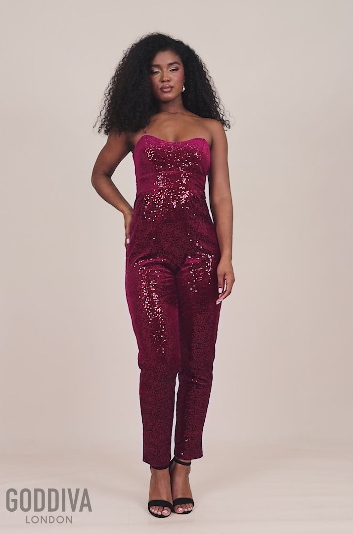 Sequin & Velvet Corset Jumpsuit - Wine TR365