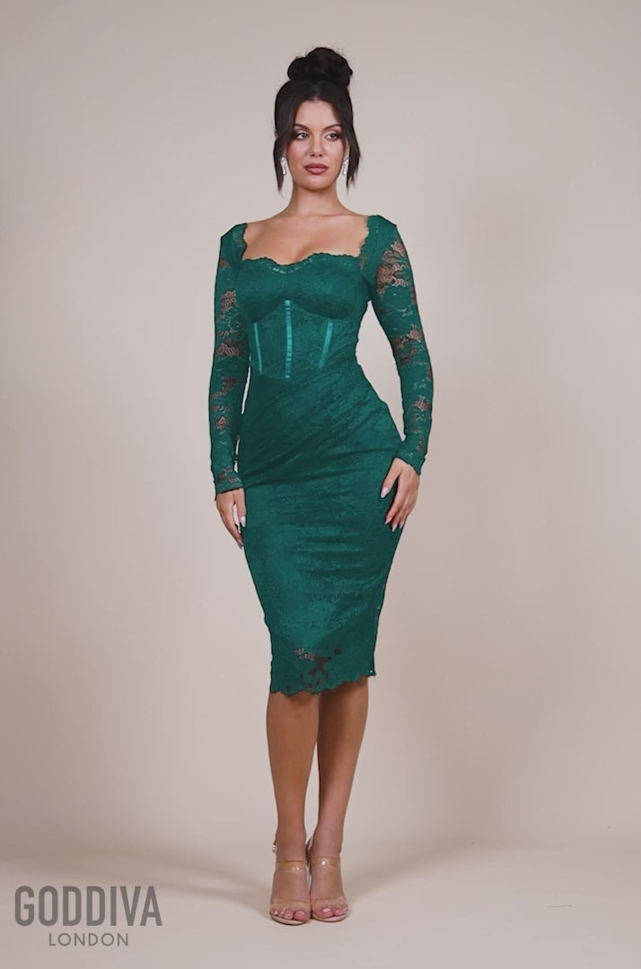 Scalloped Lace Corset Bodice Midi Dress - Emerald Green DR4526