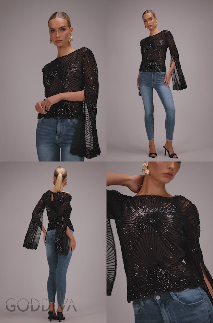 Sequin Starburst Cape Sleeve Top - Black T224