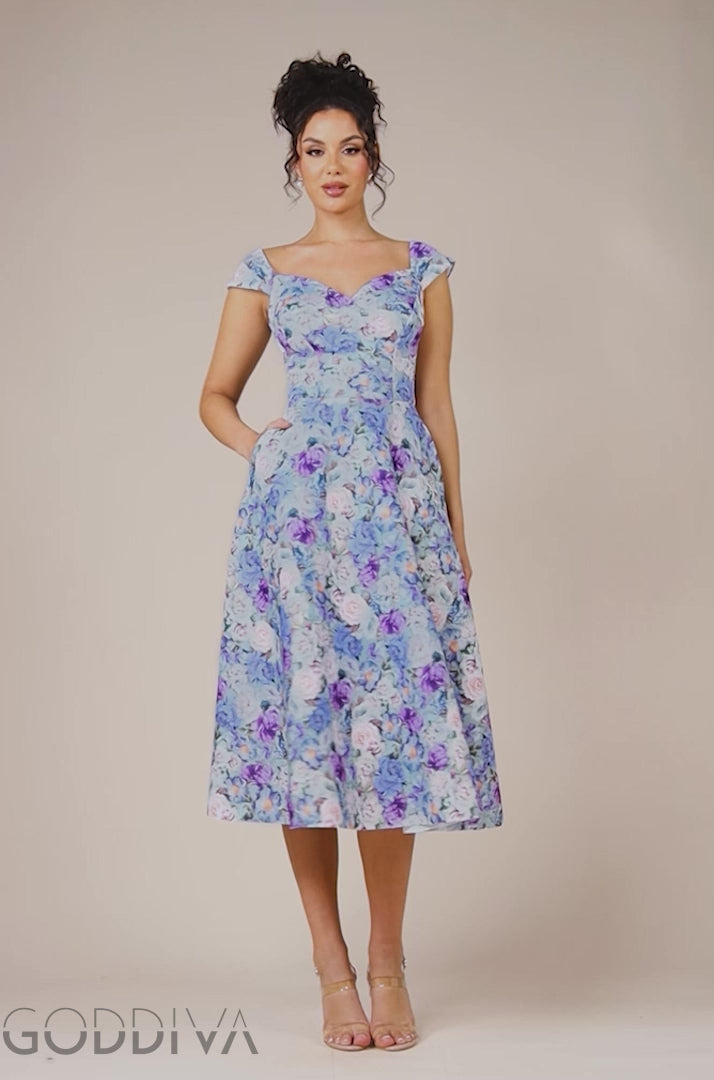 Floral Print A-Line Sweetheart Midi Dress - Powder Blue DR4635