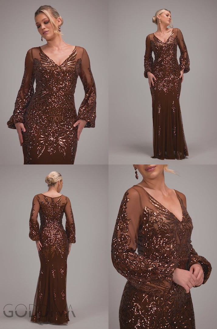 Embellished Sequin Bishop Sleeve Maxi Dress - Bronze DR4634
