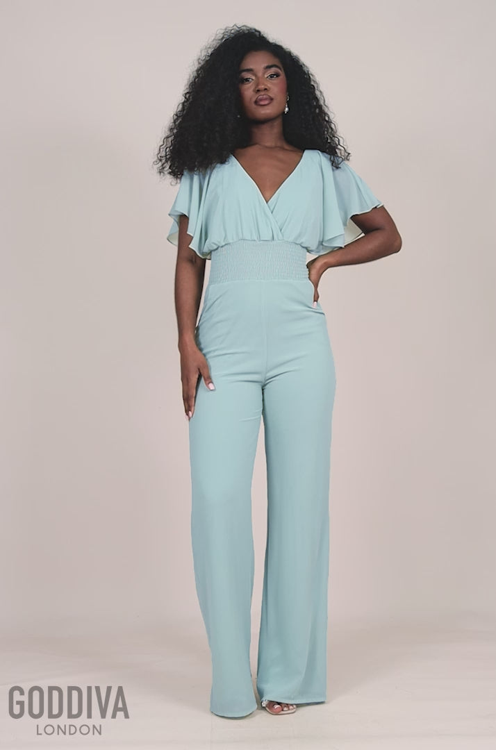 Chiffon Jumpsuit With Flutter Sleeves - Sage Green TR352