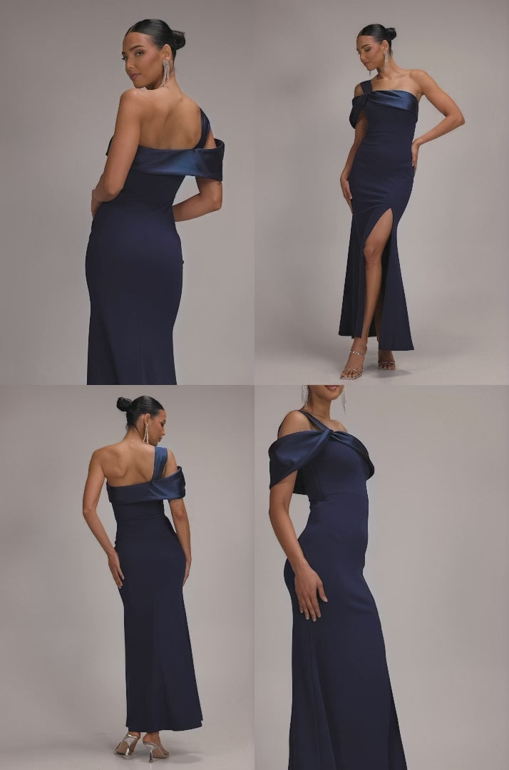 Satin Twist One Shoulder Maxi Dress - Navy Blue DR4576QZ