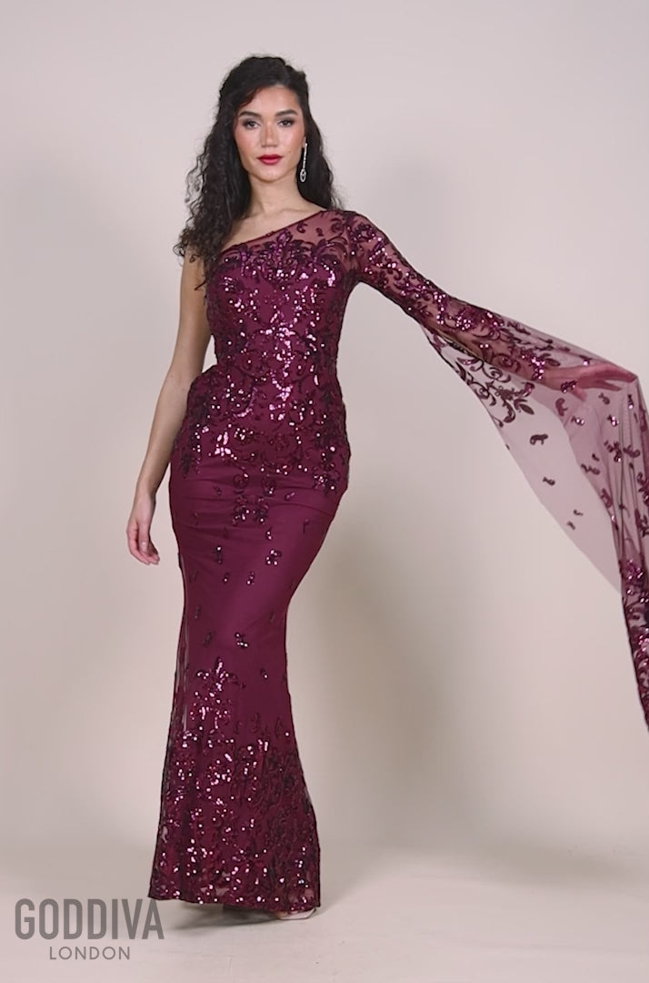 Sequin Mesh One Shoulder Evening Maxi - Burgundy DR3195