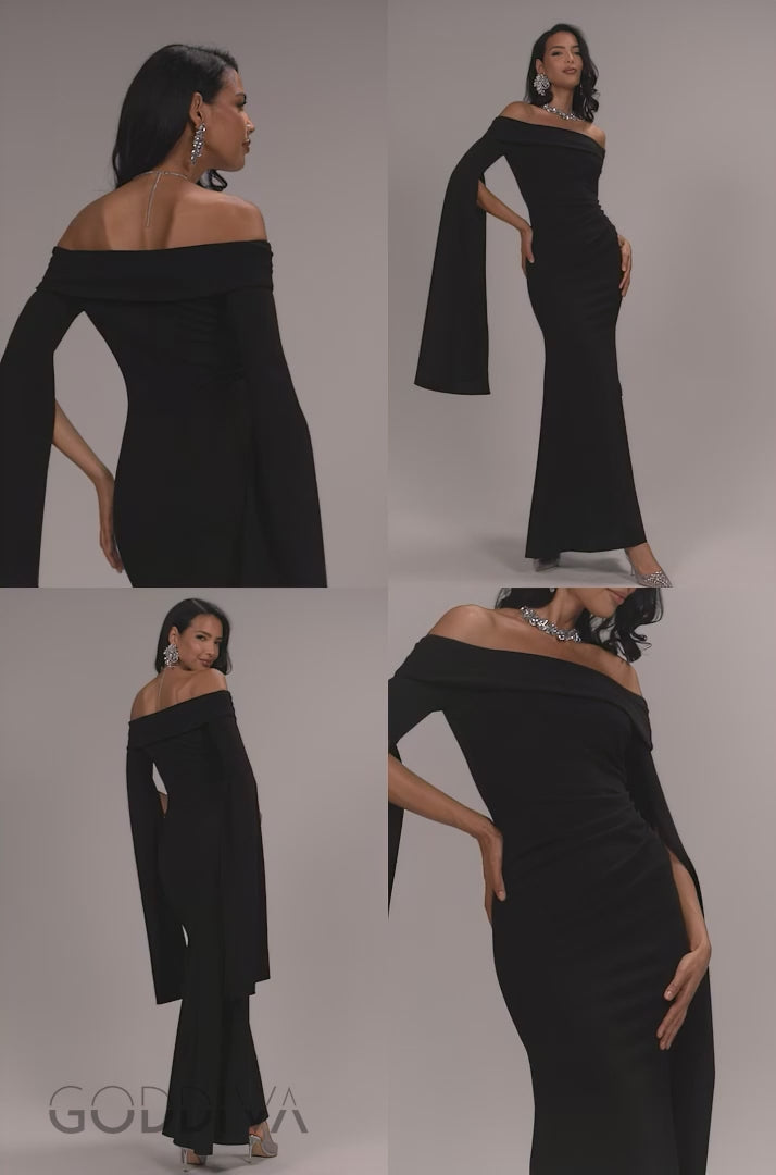 Off Shoulder Bardot Maxi Dress With  Split Cape Sleeves - Black DR5254
