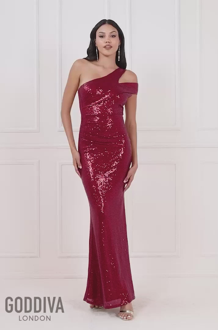 One Shoulder Sequin Evening Maxi - Wine DR4069