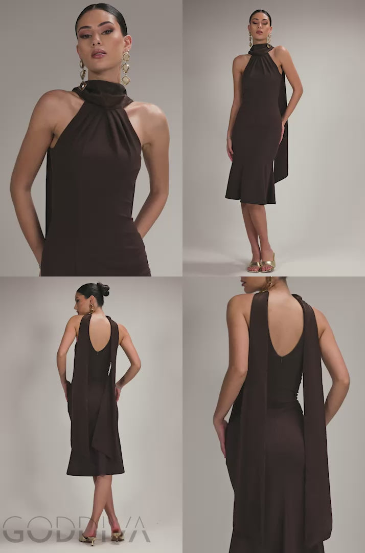 Tie Knot Neck Scuba Crepe Midi Dress With Sash Detail - Brown DR5022