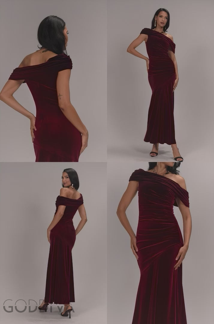 Velvet One Shoulder Bardot Fit And Flare Maxi Dress - Burgundy DR5166