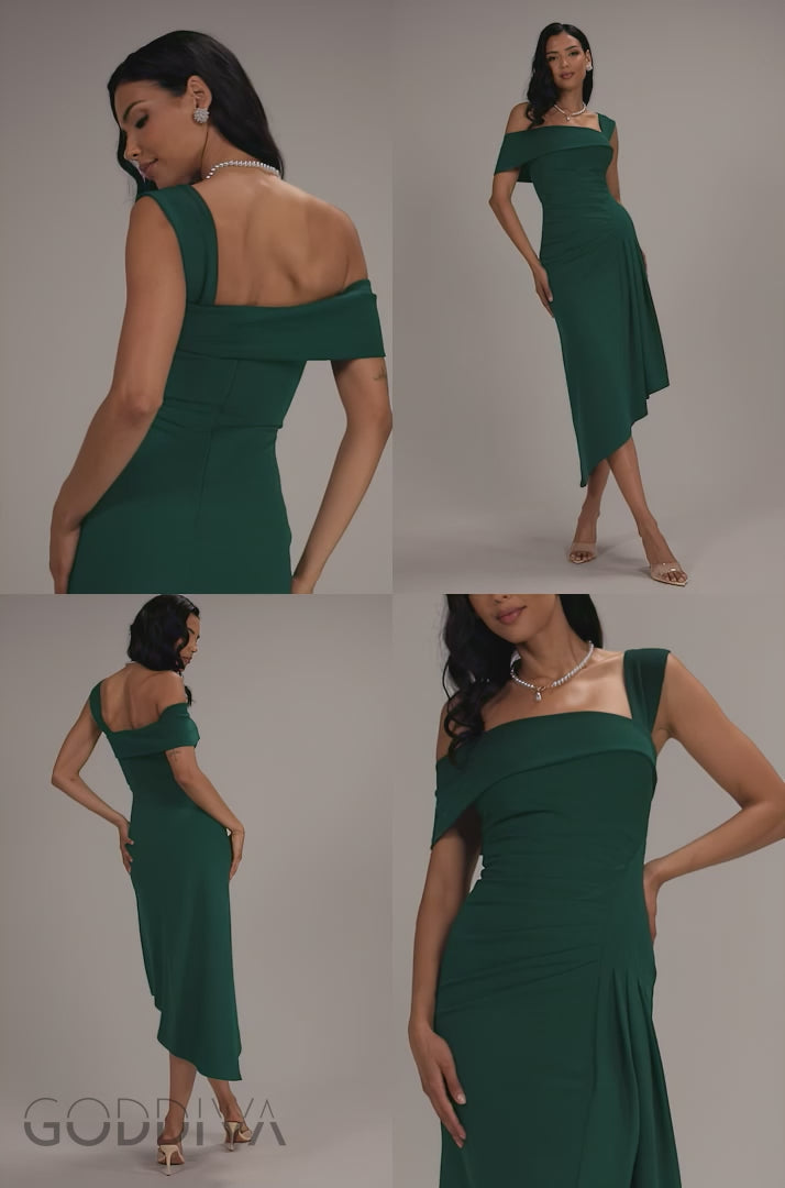 Off Shoulder Pleated Waist Asymmetric Midaxi Dress - Emerald Green DR5137