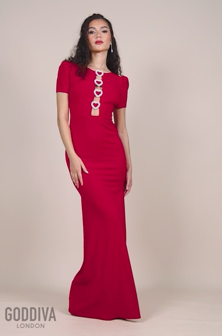 Diamante Embellished Heart Brooch Scuba Maxi Dress - Red DR4458