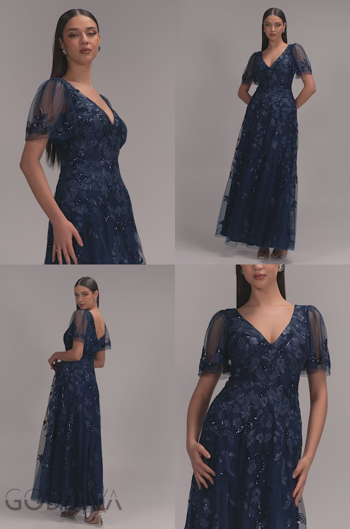 Flared Sleeve Embroidered Maxi Dress - Navy Blue DR3279A