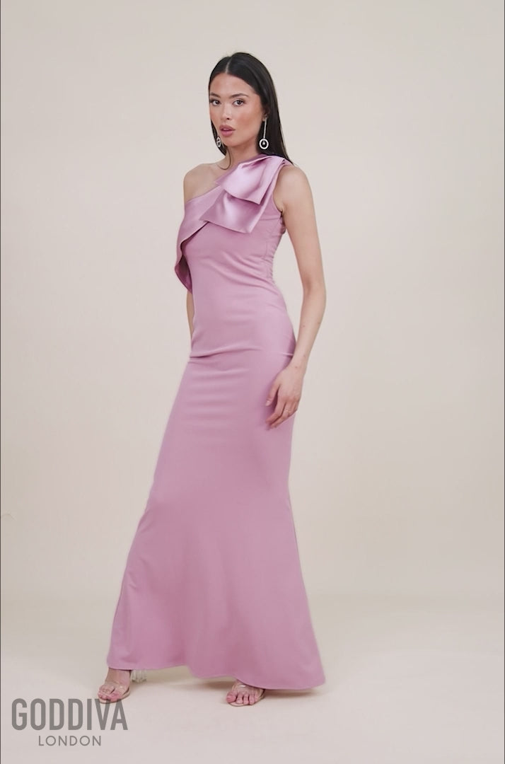 One Shoulder Satin Bow Scuba Crepe Maxi Dress - Blush DR4183