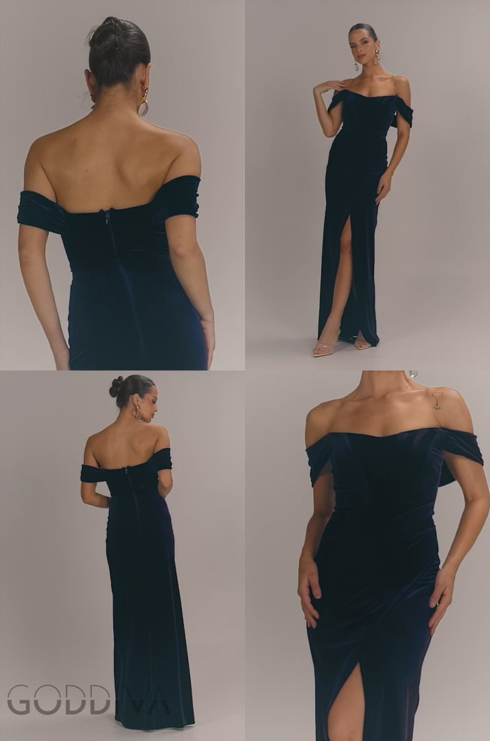 Draped Shoulder Velvet Corset Maxi Dress - Navy Blue DR4044