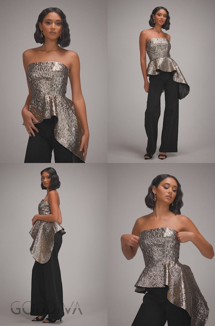 Boob Tube Jacquard Top With Asymmetric Peplum Frill - Bronze Gold T251