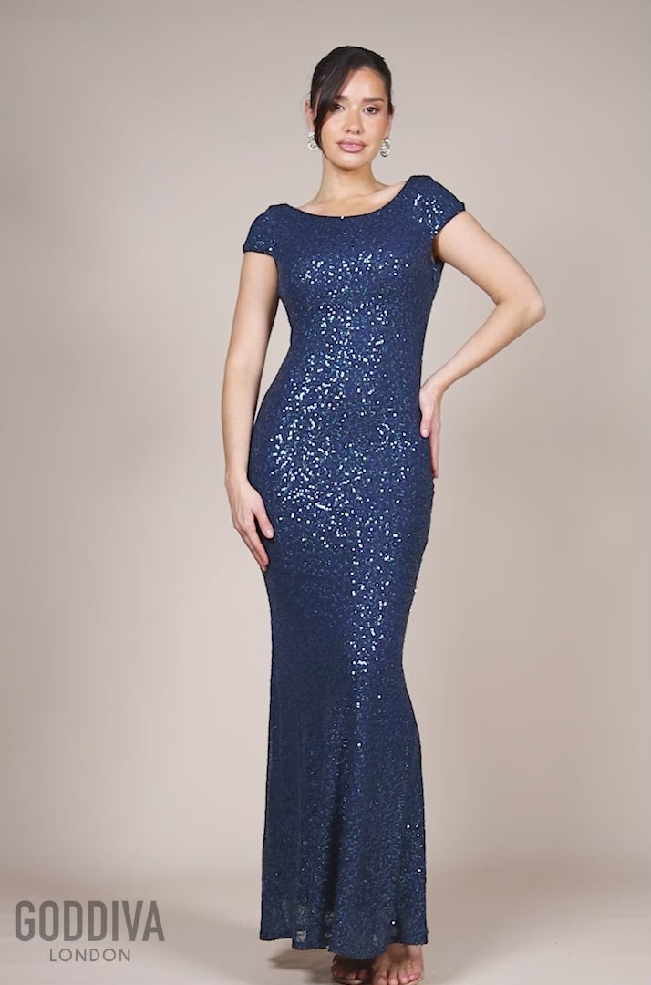 Cowl Back Sequin Maxi - Navy DR3191