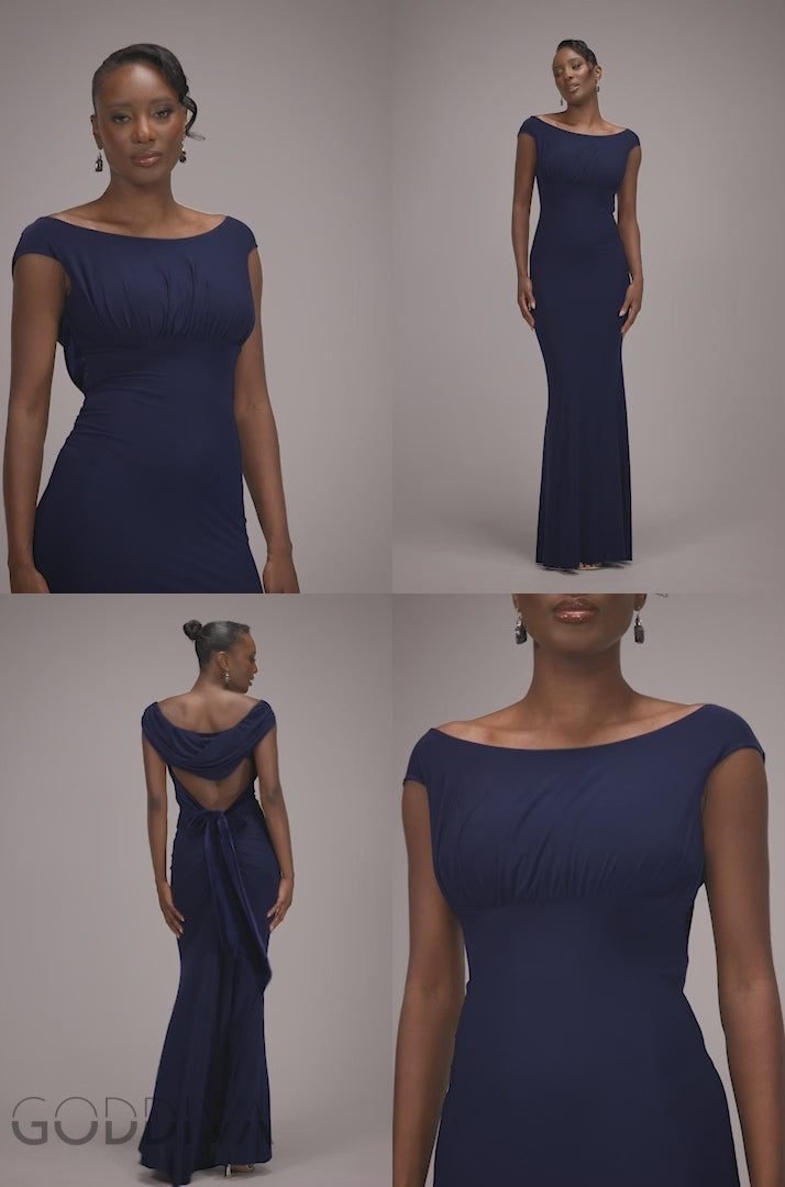 Open Back Cowl Neck Gathered Maxi Dress With Velvet Tie Back - Navy Blue DR4856