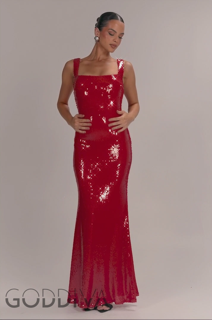 Sleeveless Square Neck Sequin Mermaid Maxi Dress - Red DR5290