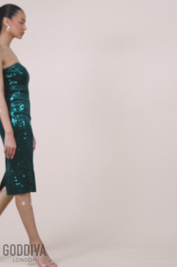 Bandeau Sequin & Velvet Midi Dress - Emerald Green DR3718