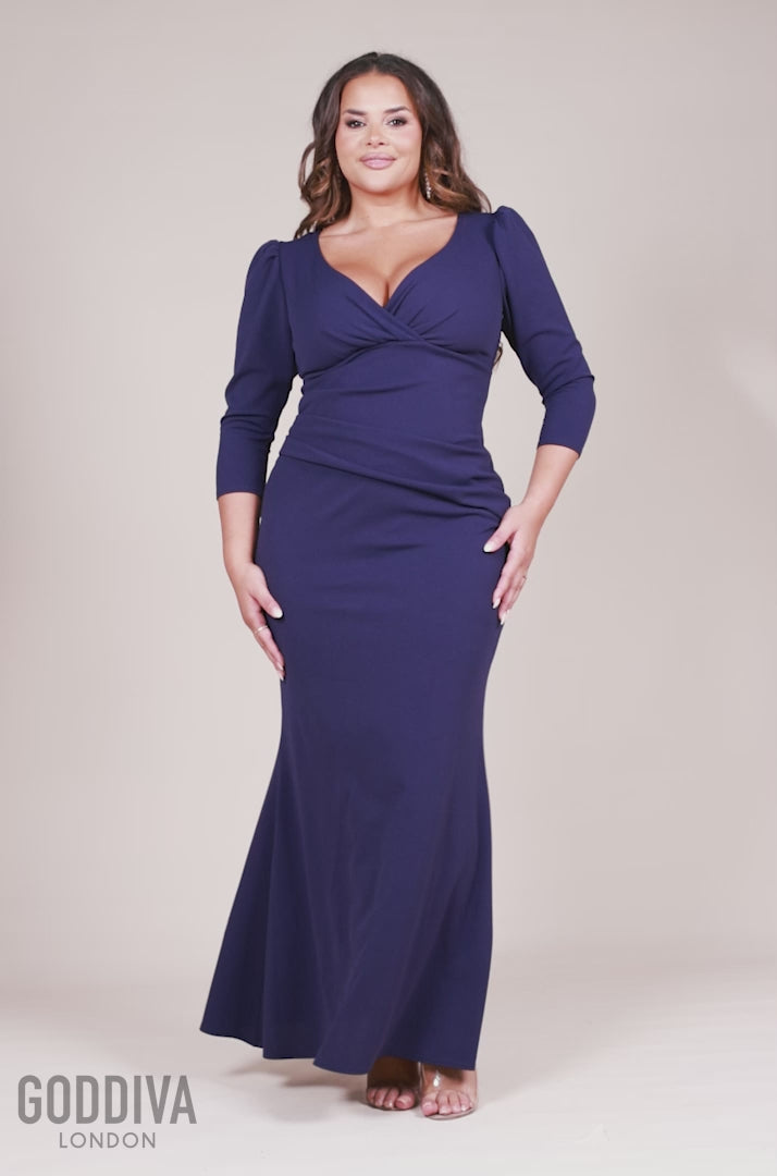 Three-Quarter Faux Wrap Neck Maxi Dress - Navy Blue DR3975PLUS