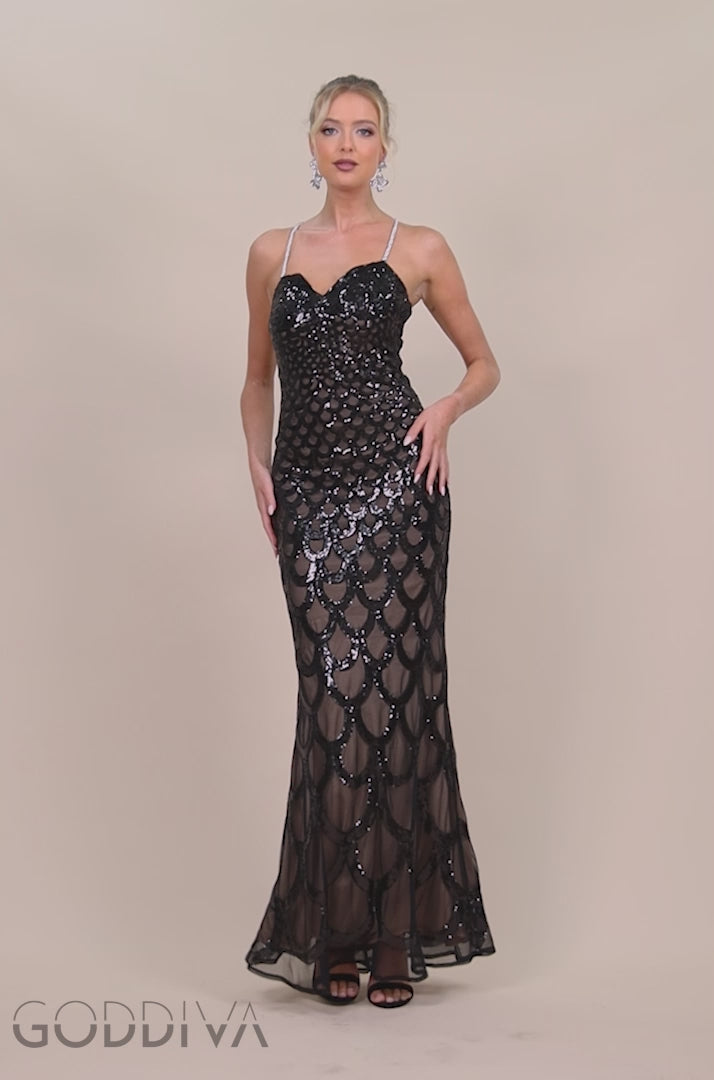 Diamante Strap Fish Scale Sequin Maxi Dress - Black DR4276