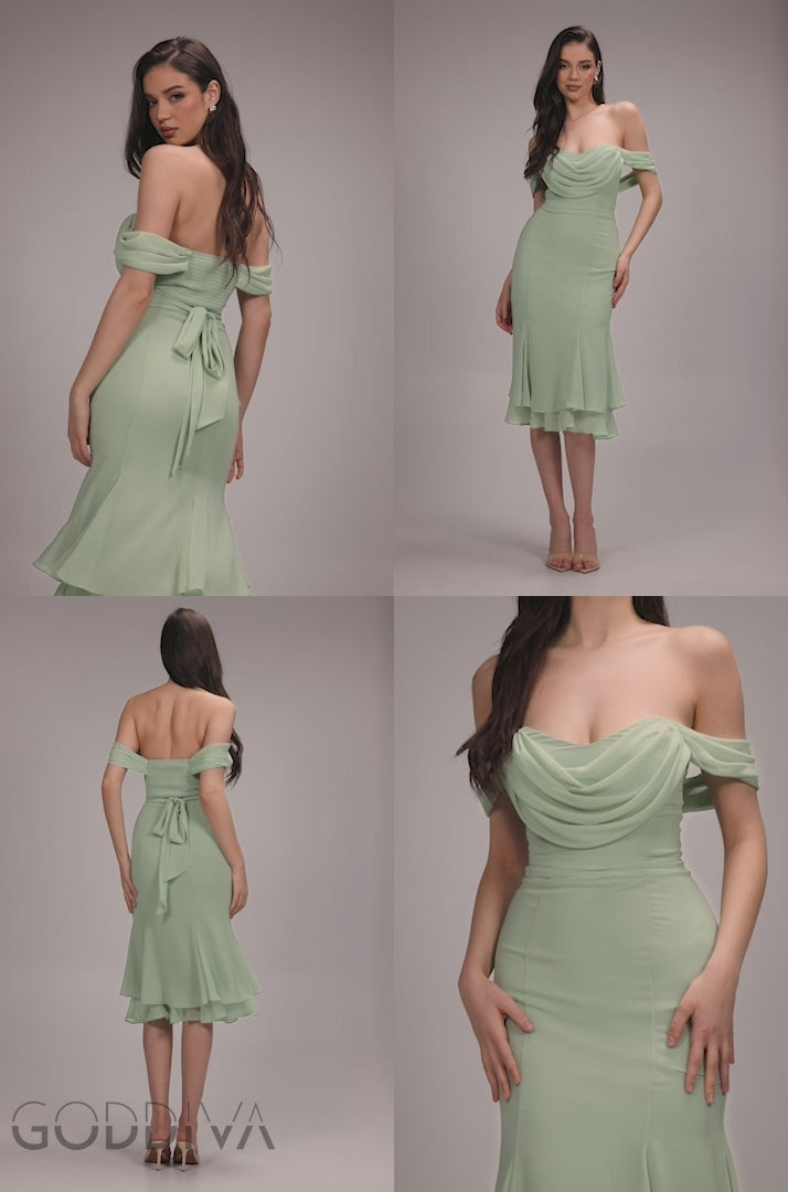 Chiffon Cowl Off Shoulder Wing Tiered Midi Dress - Sage Green DR4843