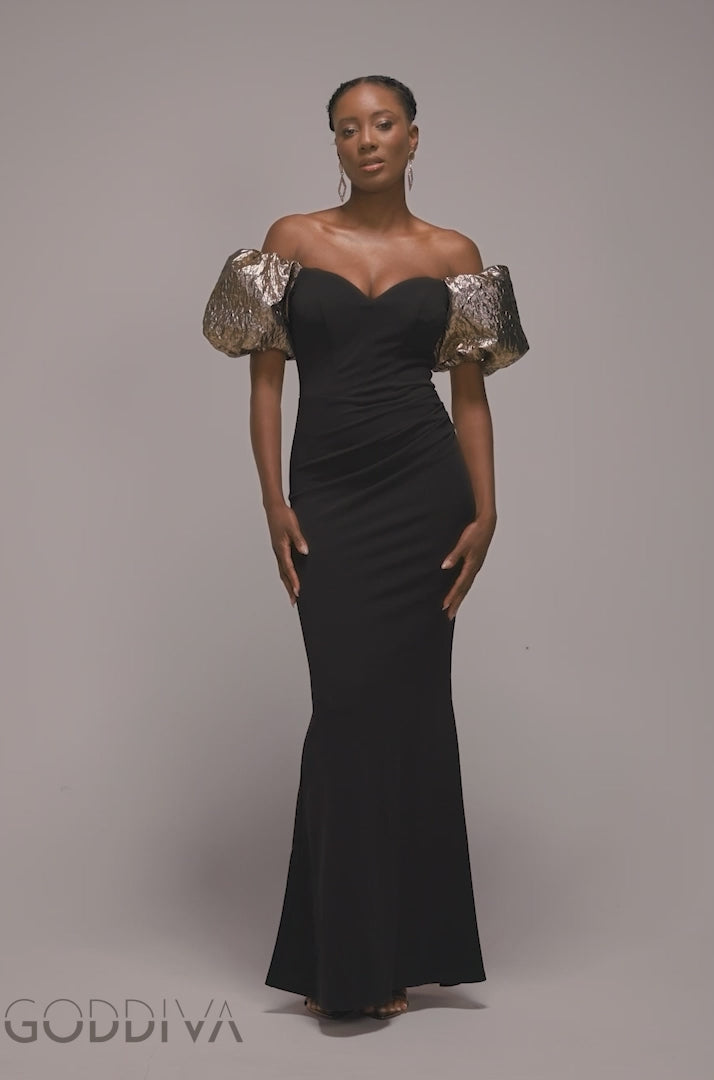 Jacquard Puff Sleeve Sweetheart Scuba Maxi Dress - Black DR4819