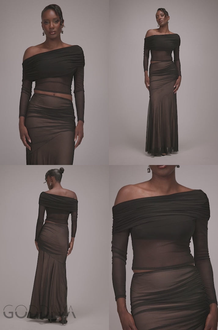 Mesh Gathered Mermaid Maxi Skirt - Black SK57